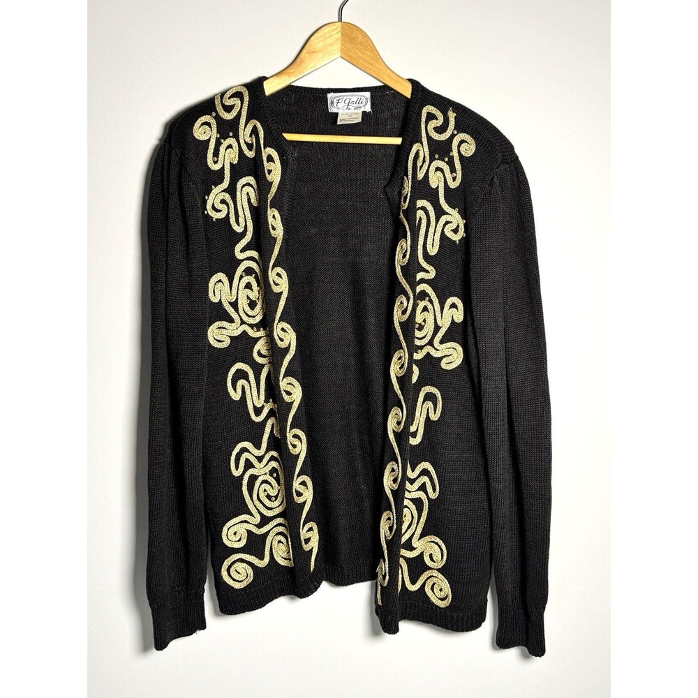 Vintage Black Gold Metallic Embroidered Open‎ Front Cardigan Boho Luxe M/L